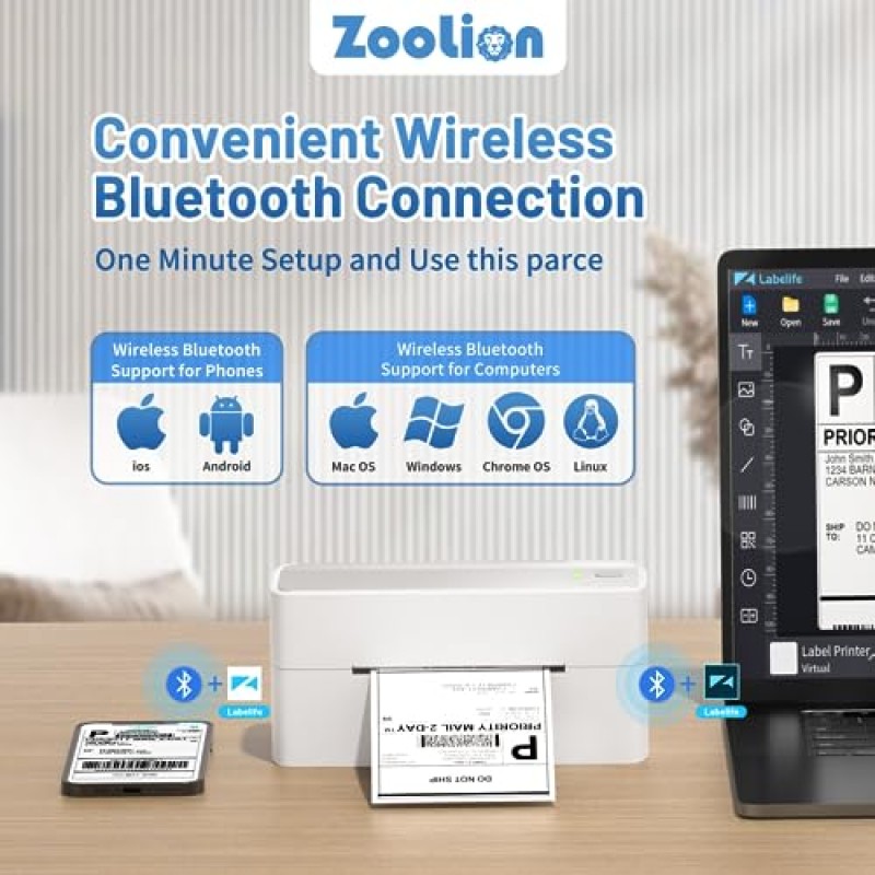 배송 패키지 및 소규모 기업을 위한 Zoolion Bluetooth 배송 라벨 프린터, 4x6 열전사 프린터, Android, iOS, Windows, Mac, Amazon, Chromebook, Ebay, UPS, USPS, FedEx, Shopify와 호환 가능