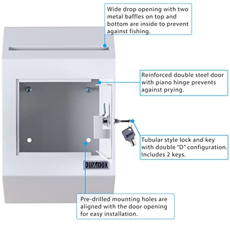 Durabox 헤비듀티 벽걸이형 잠금식 예금 투입함 금고 W300(회색) 편지, 수표, 지불금, 서류 등을 수납할 수 있으며 상업용, 가정 또는 사무실용