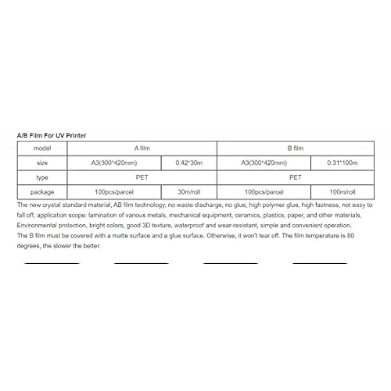 CALCA DTF UV 인쇄 필름 A3 크기 A 필름/B 필름, 100pcs/소포 X 4 소포 (B 필름)