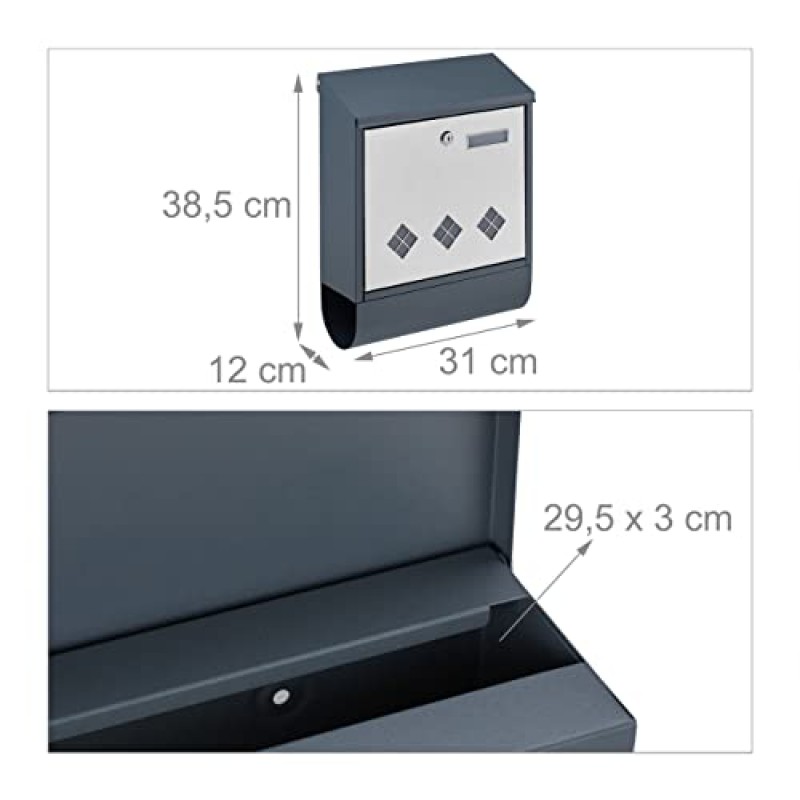 신문칸이 있는 Relaxdays 우편함, HWD: 38.5 x 31 x 12 cm, 열쇠 2개, 강철 및 스테인리스 스틸, 무연탄/은, 스테인리스 스틸