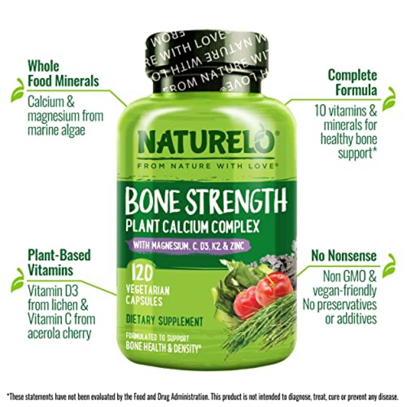 NATURELO Bone Strength - 식물성 칼슘, 마그네슘, 칼륨, 비타민 D3, VIT C, K2 - GMO, 대두, 글루텐 프리 성분 - 뼈 건강을 위한 전체 식품 보충제 - 180 채식주의자 친화적인 캡슐