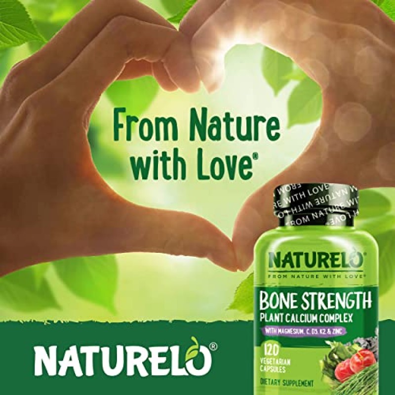 NATURELO Bone Strength - 식물성 칼슘, 마그네슘, 칼륨, 비타민 D3, VIT C, K2 - GMO, 대두, 글루텐 프리 성분 - 뼈 건강을 위한 전체 식품 보충제 - 180 채식주의자 친화적인 캡슐