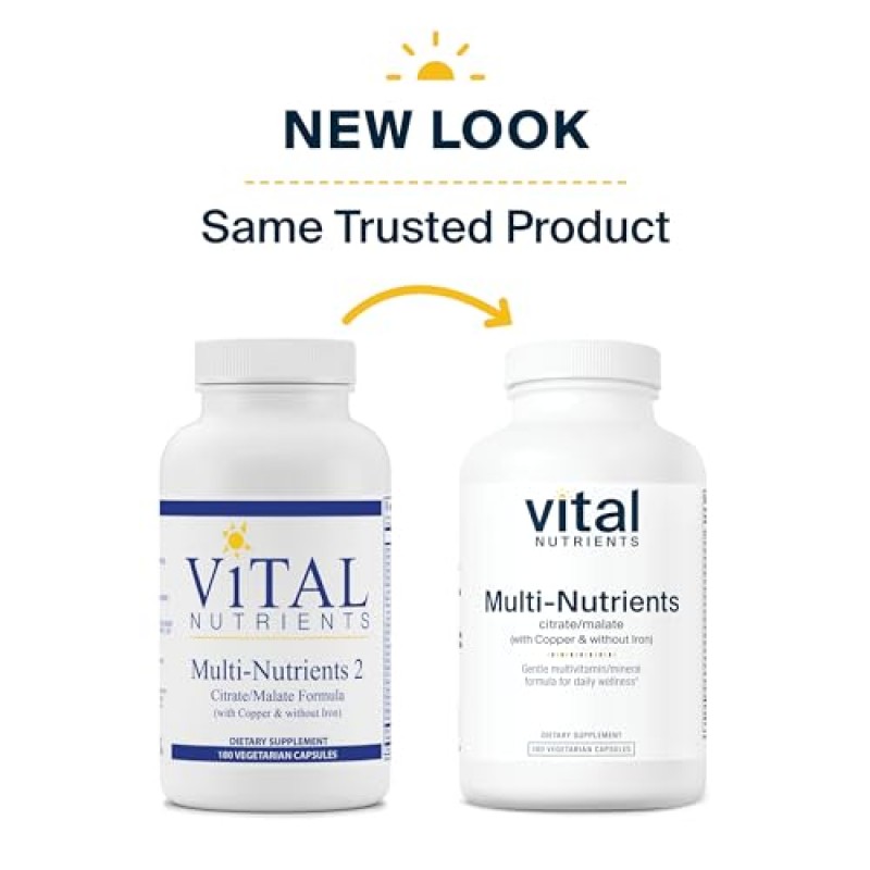 Vital Nutrients - 다중 영양소 2 - 구연산염/말산염 포뮬러(구리 포함 및 철분 없음) - 다중 비타민/미네랄, 강력한 항산화제, 부드러운 생체 이용 가능 형태 - 병당 180 채식 캡슐