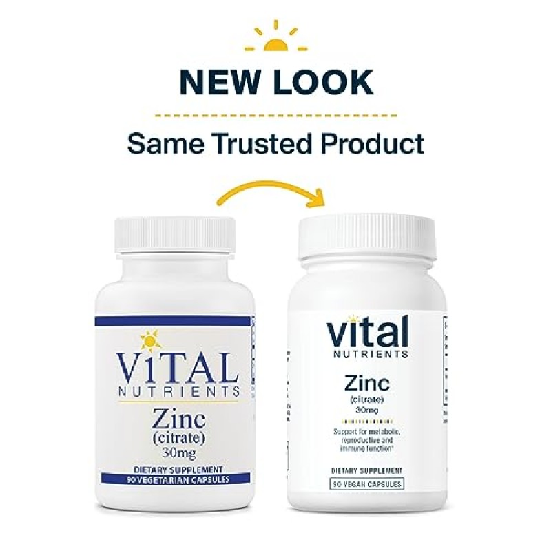 Vital Nutrients 아연 구연산염 30 mg | 흡수성이 높은 면역 지원 지원* | 비건 보충제 | 글루텐, 유제품, 콩 없음 | 비 GMO | 30mg | 90 캡슐