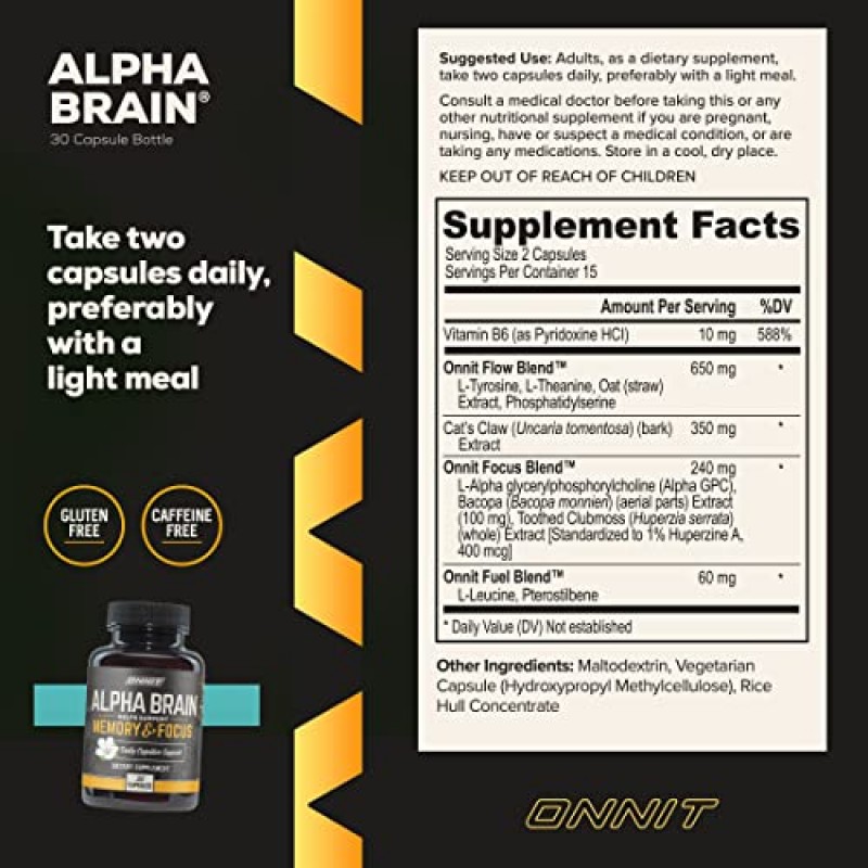 ONNIT Alpha Brain 프리미엄 누트로픽 뇌 보충제, 30개, 남성 및 여성용 - 집중력, 두뇌 부스터 및 기억력 지원을 위한 무카페인 집중 캡슐 - 고양이 발톱, 바코파, 귀리 밀짚