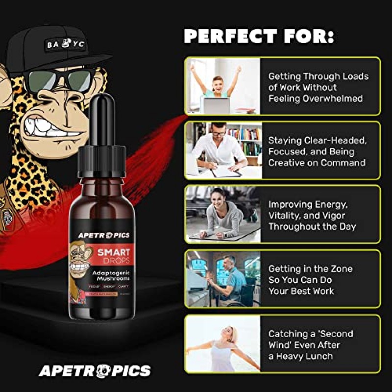 Apetropics Smart Drops - 사자 갈기, 동충하초, 칠면조 꼬리, 차가, 영지 함유 5-in-1 적응성 버섯 팅크 - 누트로픽 뇌 보조제 - 복숭아 수박 맛, 30회분