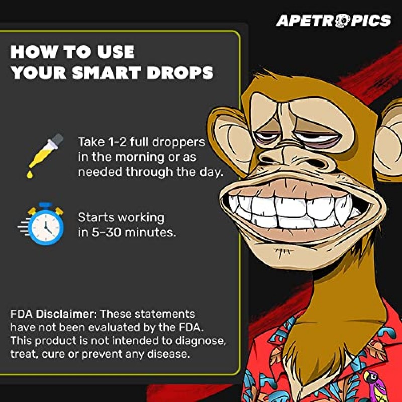 Apetropics Smart Drops - 사자 갈기, 동충하초, 칠면조 꼬리, 차가, 영지 함유 5-in-1 적응성 버섯 팅크 - 누트로픽 뇌 보조제 - 복숭아 수박 맛, 30회분