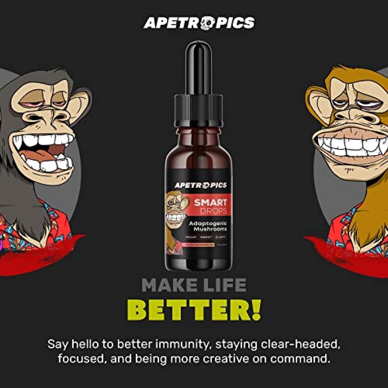 Apetropics Smart Drops - 사자 갈기, 동충하초, 칠면조 꼬리, 차가, 영지 함유 5-in-1 적응성 버섯 팅크 - 누트로픽 뇌 보조제 - 복숭아 수박 맛, 30회분