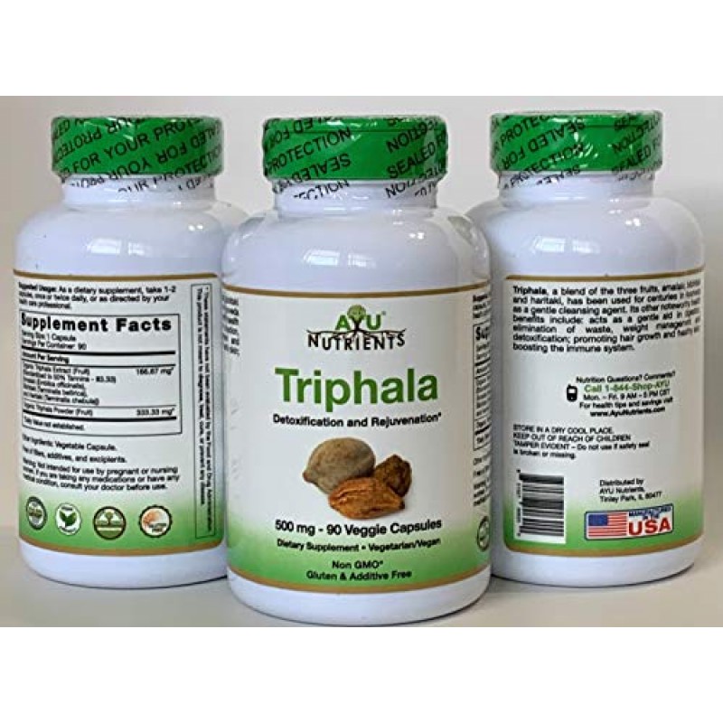 Ayu Nutrients Organic Triphala -500 mg, GI 트랙 웰니스/내부 클렌징/소화 건강- 90 캡슐 | 미국산