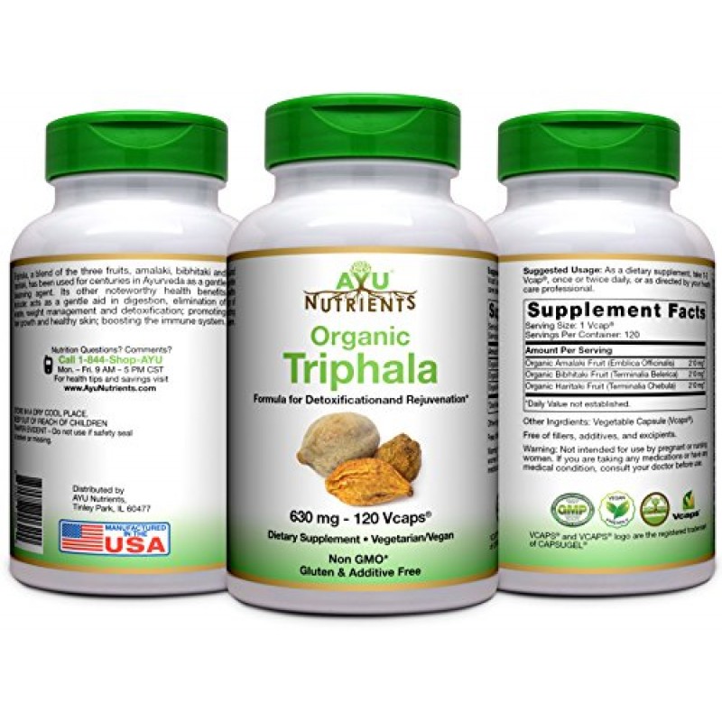 Ayu Nutrients Organic Triphala -500 mg, GI 트랙 웰니스/내부 클렌징/소화 건강- 90 캡슐 | 미국산