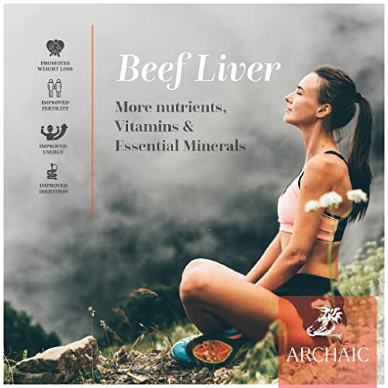 Archaic Supplements Grass Fed 뉴질랜드 쇠고기 간 캡슐 - 유전자 변형 성분 없음, 고효능 동결 건조 간, 에너지, 신진대사, 면역 체계, 해독 및 전반적인 건강 지원, 180 캡슐