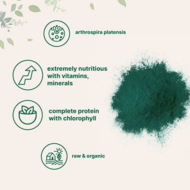 미세 성분 유기농 스피루리나 분말, 16온스, 생 스피루리나(Arthrospira Platensis), 70% 비건 단백질의 가장 풍부한 공급원, 용기 미네랄, 비타민, 비 GMO 및 비방사선