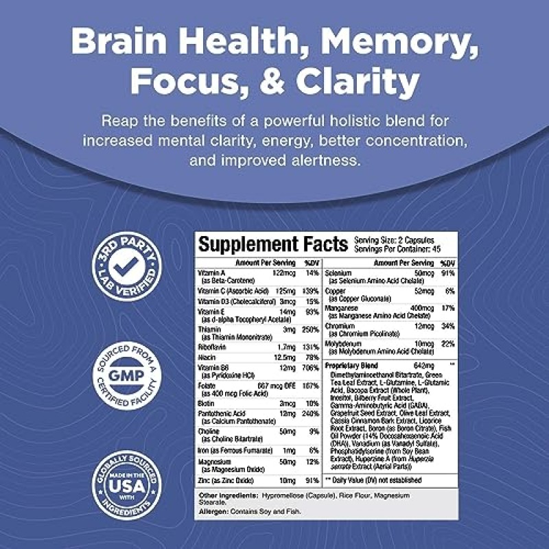 고급 누트로픽스 뇌 지원 보조제 - 인지 강화를 위한 비타민이 함유된 시너지 정신 에너지 및 집중력 보조제 - 뇌 건강을 위한 정신 및 기억 보조제 45회분