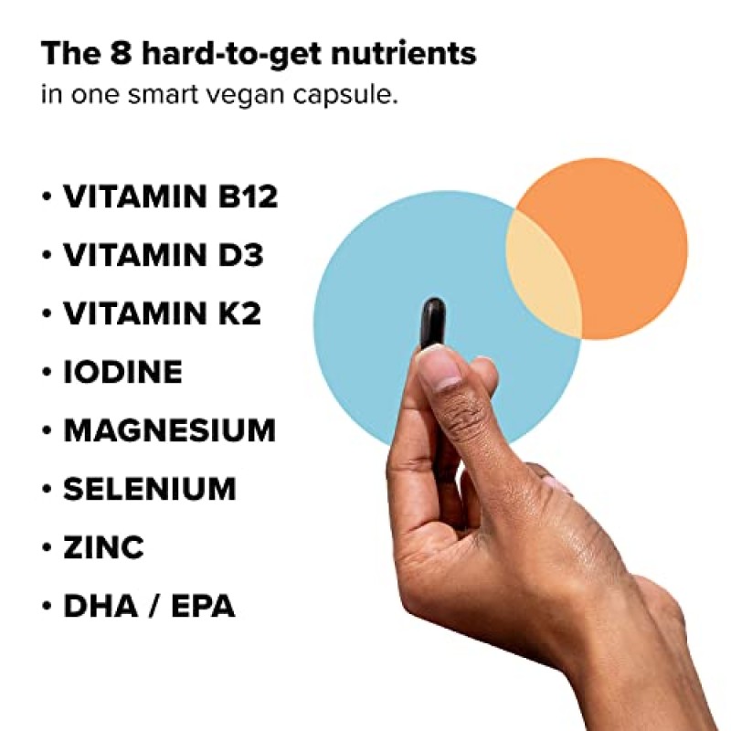 여성 및 남성을 위한 1개월분 비건 종합비타민 보충(90캡슐) 오메가 3 DHA+EPA, 비타민 B12, 비타민 D3 K2, 아연, 셀레늄, 마그네슘, 요오드 보충제 - 미국산, 30회분