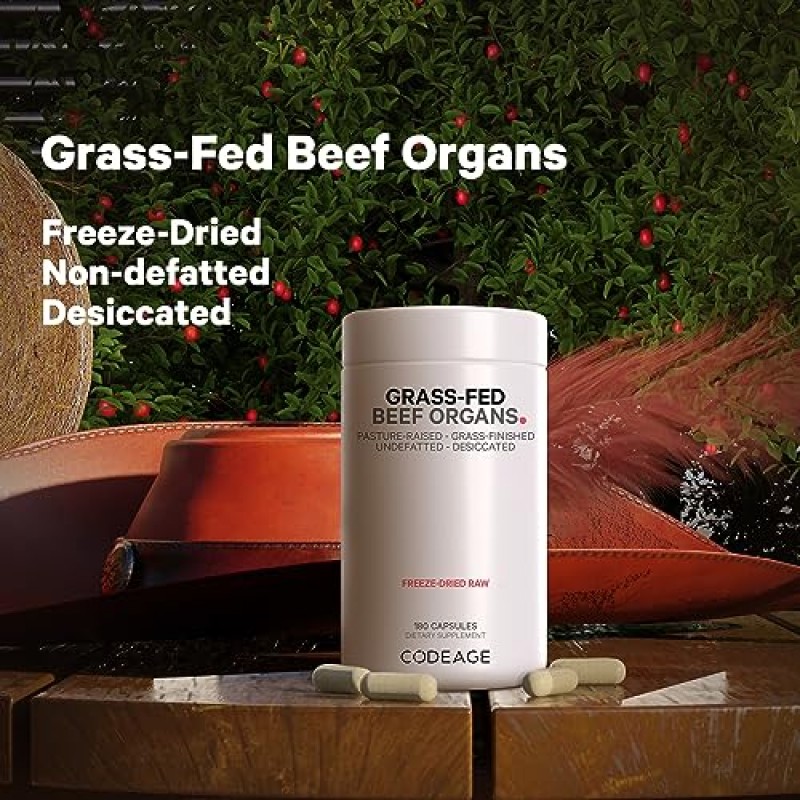 Codeage Grass Fed 쇠고기 기관 보충제 – 선상 보충제 – 동결 건조, 탈지되지 않은, 건조된 간, 심장, 신장, 췌장 및 비장 소 알약 – 쇠고기 비타민 – GMO 없음 -180 캡슐