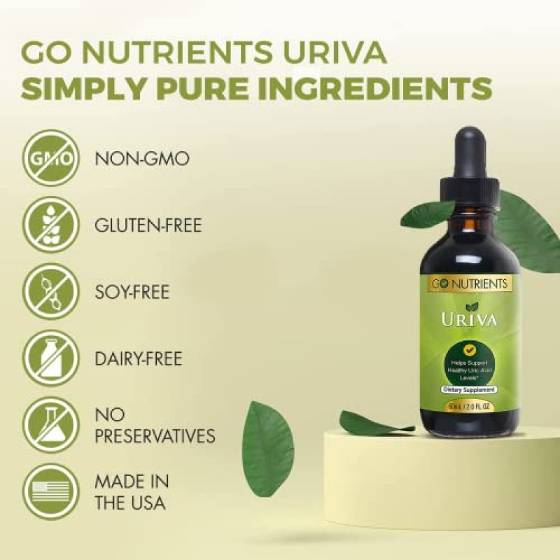 Go Nutrients Uriva - 신랄한 체리 추출물, 셀러리 종자 추출물 등을 함유한 고급 요산 플러시 및 클렌징 - 관절 및 신장 지원을 위한 요산 포뮬러 - 통증 및 부기 감소 - 2온스 방울