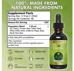 Go Nutrients Uriva - 신랄한 체리 추출물, 셀러리 종자 추출물 등을 함유한 고급 요산 플러시 및 클렌징 - 관절 및 신장 지원을 위한 요산 포뮬러 - 통증 및 부기 감소 - 2온스 방울