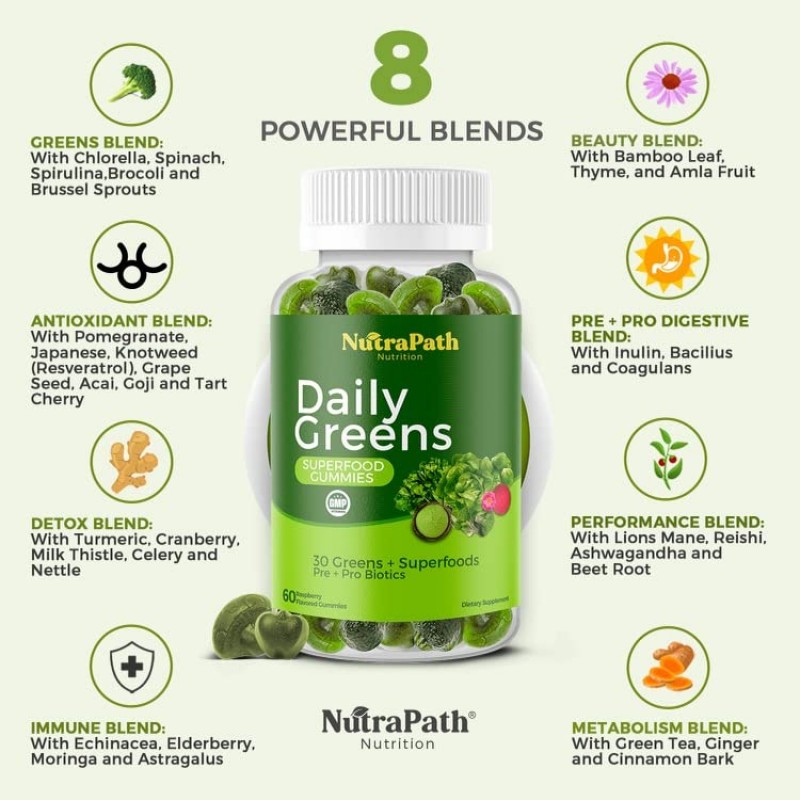 Superfood Daily Greens Gumies - 면역력, 에너지를 위한 과일, 채소 및 슈퍼 푸드 - 60 Gummies