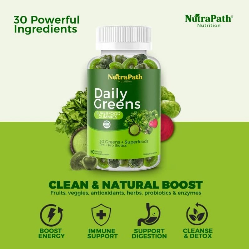 Superfood Daily Greens Gumies - 면역력, 에너지를 위한 과일, 채소 및 슈퍼 푸드 - 60 Gummies