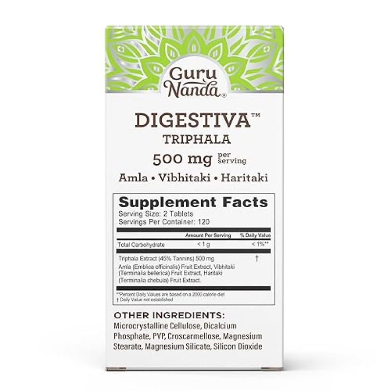 GuruNanda Digestiva Triphala - Amla, Haritaki & Bibhitaki가 함유된 건강 보조 식품으로 영양 흡수를 촉진하고 소화를 지원하며 복부 팽만감과 변비에 도움을 줍니다 - 240 비건 정제