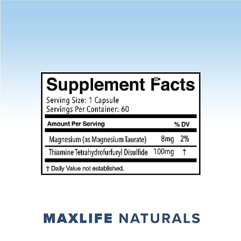 TTFD - B1 Max - 티아민 비타민 B1 TTFD - 100mg - (티아민 테트라히드로푸르푸릴 이황화물) 티아민 MAX, MAXLIFE NATURALS 제품 60캡슐.