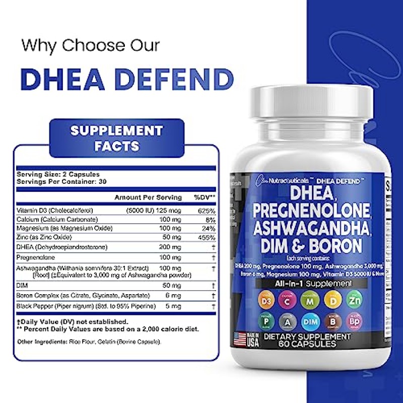 남성 및 여성을 위한 DHEA 200mg 보충제 프레그네놀론 100mg(DIM 포함) Ashwagandha 3000mg 붕소 6mg 복합 칼슘 마그네슘 아연 50mg 비타민 D3 5000iu 호르몬 지원 캡슐 알약 - 미국산 60Ct