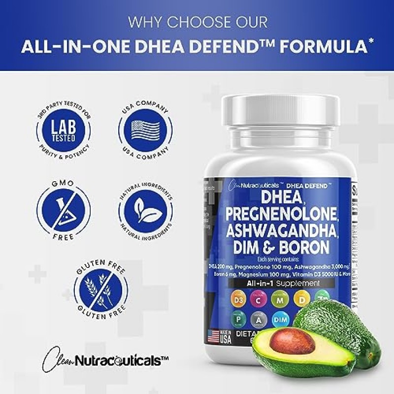 남성 및 여성을 위한 DHEA 200mg 보충제 프레그네놀론 100mg(DIM 포함) Ashwagandha 3000mg 붕소 6mg 복합 칼슘 마그네슘 아연 50mg 비타민 D3 5000iu 호르몬 지원 캡슐 알약 - 미국산 60Ct