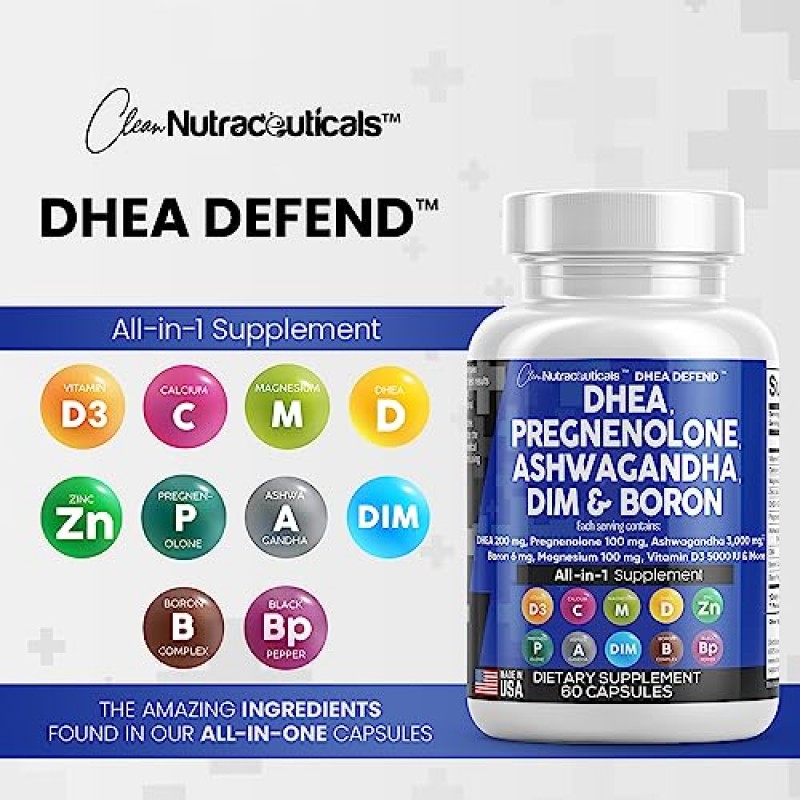 남성 및 여성을 위한 DHEA 200mg 보충제 프레그네놀론 100mg(DIM 포함) Ashwagandha 3000mg 붕소 6mg 복합 칼슘 마그네슘 아연 50mg 비타민 D3 5000iu 호르몬 지원 캡슐 알약 - 미국산 60Ct