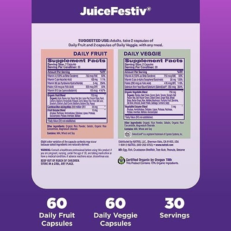 Natrol JuiceFestiv SelenoExcell 및 전체 식품 [Phyto] 영양소가 포함된 일일 과일 및 채소, 더 나은 영양(및 전반적인 웰빙)을 지원하는 건강 보조 식품, 60 캡슐(2팩), 30일 분량