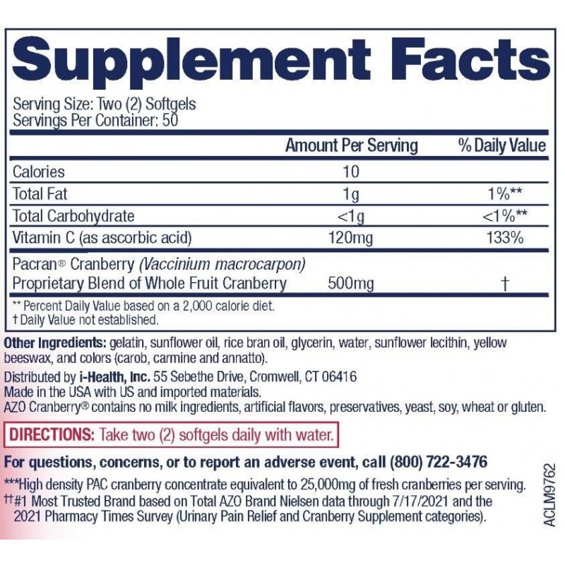 AZO 크랜베리 ​​요로 건강 보조제, 1회 제공량 ​​= 크랜베리 ​​주스 1잔, 무설탕 크랜베리 ​​알약, 유전자 변형 성분 없음 소프트젤 100개