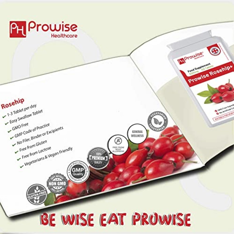 Prowise Healthcare 로즈힙 보충제 5000mg 120정, 4개월분 - 영국 제조 로즈힙 비타민 - 채식주의자와 완전 채식주의자에게 적합하며 비타민 C의 훌륭한 공급원입니다. 로즈힙 정제 1팩