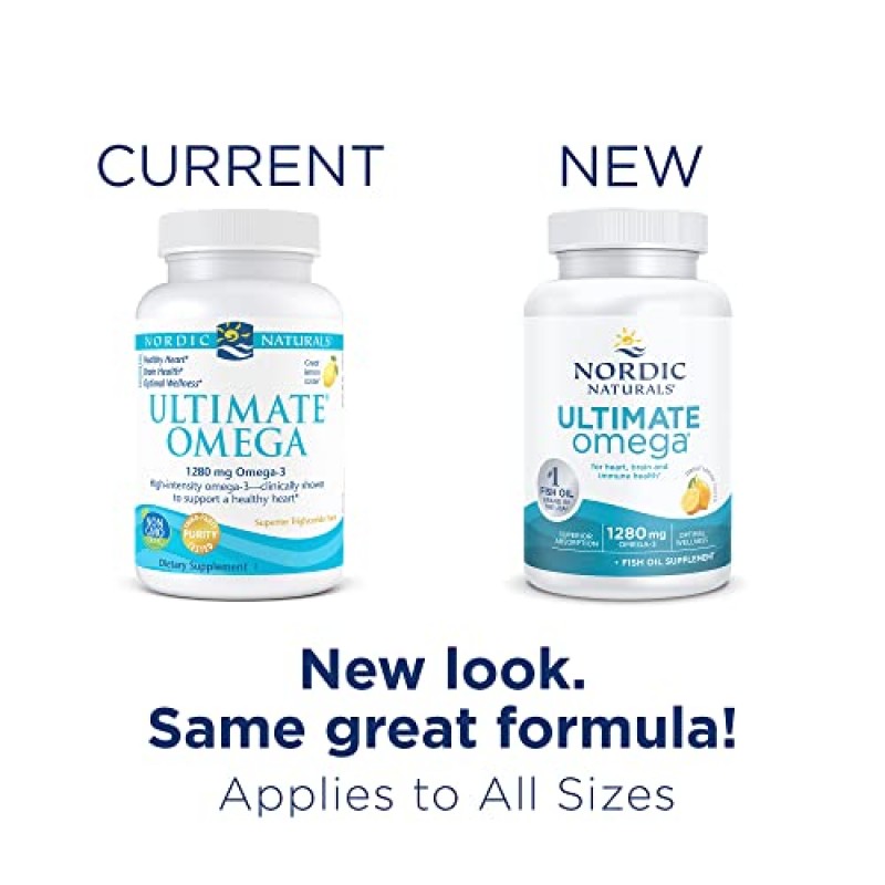 Nordic Naturals Ultimate Omega, 레몬 맛 - 180 소프트 젤 - 1280 mg 오메가-3 - EPA 및 DHA 함유 고효능 오메가-3 피쉬 오일 - 뇌 및 심장 건강 증진 - 비 GMO - 90회분