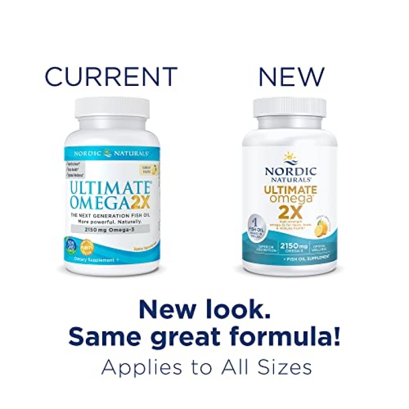 Nordic Naturals Ultimate Omega 2X, 레몬 맛 - 180 소프트 젤 - 2150 mg 오메가-3 - EPA 및 DHA가 함유된 고효능 오메가-3 피쉬 오일 - 뇌 및 심장 건강 증진 - 비 GMO - 90회분