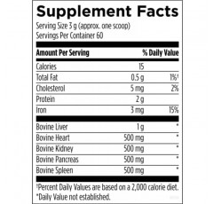 건강 기관 시너지 파우더를 위한 디자인 - 소 장기 보조제가 함유된 간편한 추가 파우더 - 간, 심장, 췌장, 신장 + 비장이 함유된 100% 목초 사육 쇠고기 장기(6.3온스 / 60회분)
