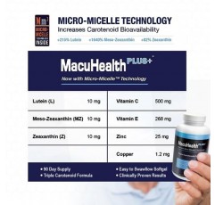 Macuhealth Plus+ 성인용 눈 비타민 보충제 - 루테인, 제아잔틴, 메소-제아잔틴이 함유된 AREDS2 기반 포뮬러 90일분 - 눈을 위한 무향, 글루텐 프리 비타민