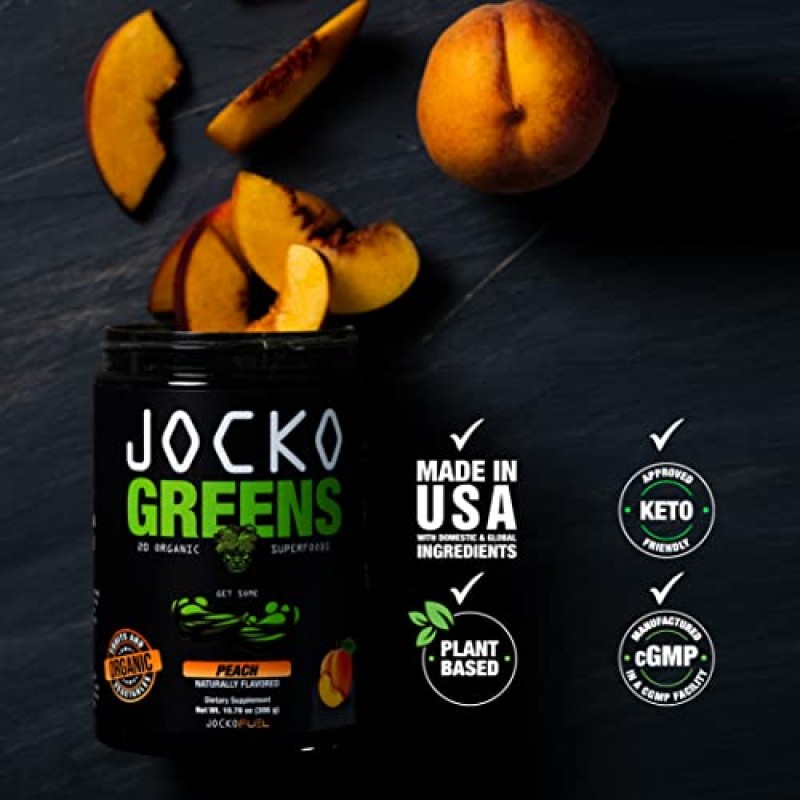 Jocko Fuel Greens 분말(복숭아 맛) - 건강한 녹색 주스를 위한 유기농 채소 및 슈퍼푸드 분말 - 스피루리나, 클로렐라, 소화 효소 및 프로바이오틱스가 함유된 케토 친화적인 - 30회분