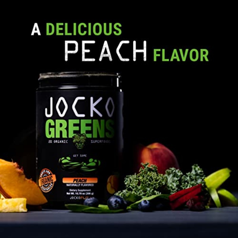 Jocko Fuel Greens 분말(복숭아 맛) - 건강한 녹색 주스를 위한 유기농 채소 및 슈퍼푸드 분말 - 스피루리나, 클로렐라, 소화 효소 및 프로바이오틱스가 함유된 케토 친화적인 - 30회분