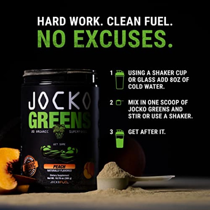 Jocko Fuel Greens 분말(복숭아 맛) - 건강한 녹색 주스를 위한 유기농 채소 및 슈퍼푸드 분말 - 스피루리나, 클로렐라, 소화 효소 및 프로바이오틱스가 함유된 케토 친화적인 - 30회분