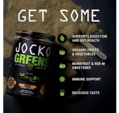 Jocko Fuel Greens 분말(복숭아 맛) - 건강한 녹색 주스를 위한 유기농 채소 및 슈퍼푸드 분말 - 스피루리나, 클로렐라, 소화 효소 및 프로바이오틱스가 함유된 케토 친화적인 - 30회분