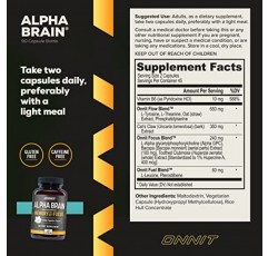 ONNIT Alpha Brain 프리미엄 누트로픽 보충제, 90개, 남성 및 여성용 - 집중력, 두뇌 및 기억력 지원을 위한 무카페인 집중 캡슐 - 두뇌 부스터 고양이 발톱, 바코파, 귀리 밀짚