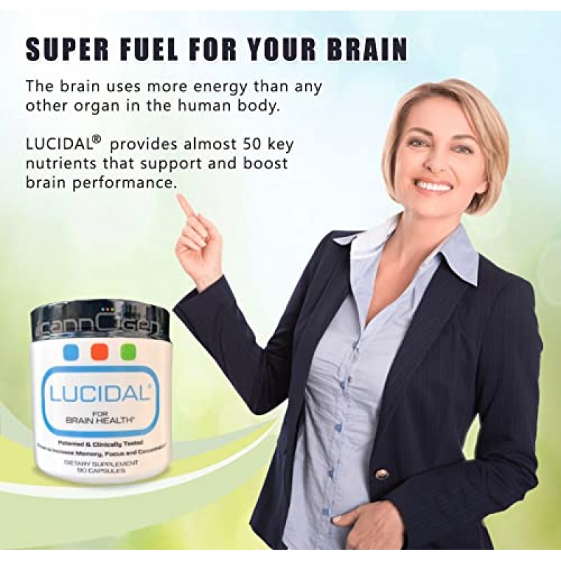 Cannogen LUCIDAL Nootropics 뇌 보충제 - 기억력, 집중력 및 집중력을 위한 뇌 건강 지원 - 남성 및 여성을 위한 영양 부스터 - 90 캡슐