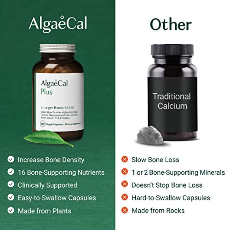 ALGAECAL Plus - 유기농 홍조류 칼슘 보충제, 비타민 K2 MK7(100mg), 비타민 D3(1600IU), 마그네슘(250mg) 및 미량 미네랄, 뼈 건강 및 근력 강화, 삼키기 쉬움, 식물성 캡슐 120개