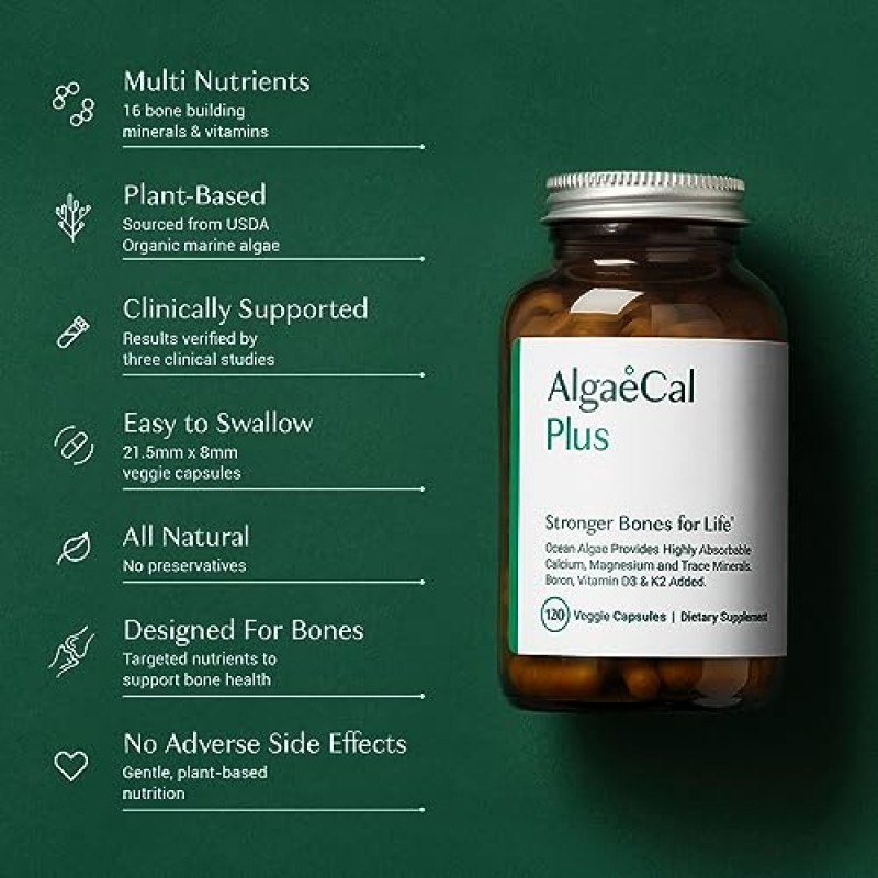 ALGAECAL Plus - 유기농 홍조류 칼슘 보충제, 비타민 K2 MK7(100mg), 비타민 D3(1600IU), 마그네슘(250mg) 및 미량 미네랄, 뼈 건강 및 근력 강화, 삼키기 쉬움, 식물성 캡슐 120개