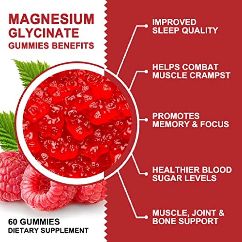 마그네슘 글리시네이트 구미 400mg, 마그네슘 L-트레오네이트 200mg - VitD, B6, CoQ10 함유 킬레이트화된 마그네슘 칼륨 복합 보충제, 기억력, 진정, 기분 및 수면 지원 - 60개(3개 팩)
