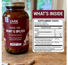 MK 보조식품 – 목초를 먹인 심장 및 비장 3000 mg, 쇠고기 장기 보조제, 100% 방목된 뉴질랜드 소, 180 캡슐, 45일분