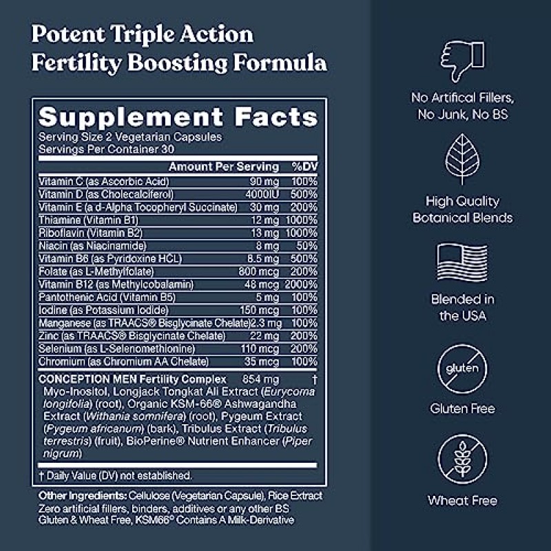 그를 위한 임신 – 남성을 위한 불임 보조제, 남성 불임 촉진제 및 산전 – 최적의 정자 수, 운동 능력 – Ashwagandha, 엽산, 마그네슘, 아연 – 120 식물성 연질 캡슐