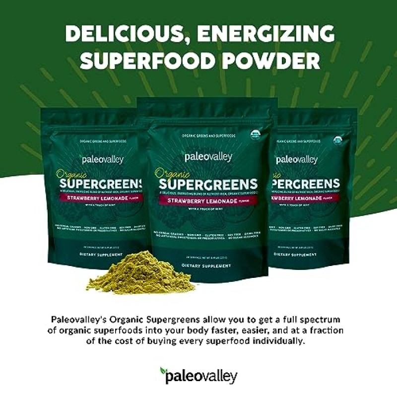 Paleovalley Organic Supergreens - 면역 지원을 위한 유기농 그린 파우더 슈퍼푸드 - Paleo Green 파우더 블렌드 - 28회분 - 23 유기농 슈퍼푸드 - 글루텐 프리, 시리얼 풀, 대두 또는 곡물 없음