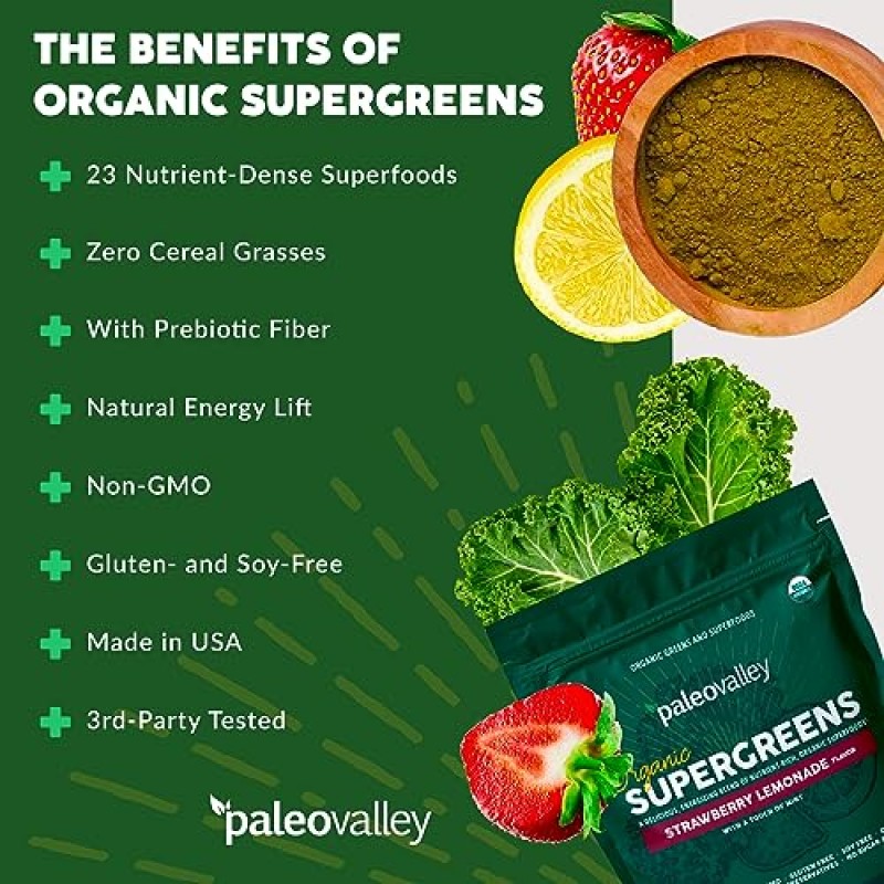 Paleovalley Organic Supergreens - 면역 지원을 위한 유기농 그린 파우더 슈퍼푸드 - Paleo Green 파우더 블렌드 - 28회분 - 23 유기농 슈퍼푸드 - 글루텐 프리, 시리얼 풀, 대두 또는 곡물 없음