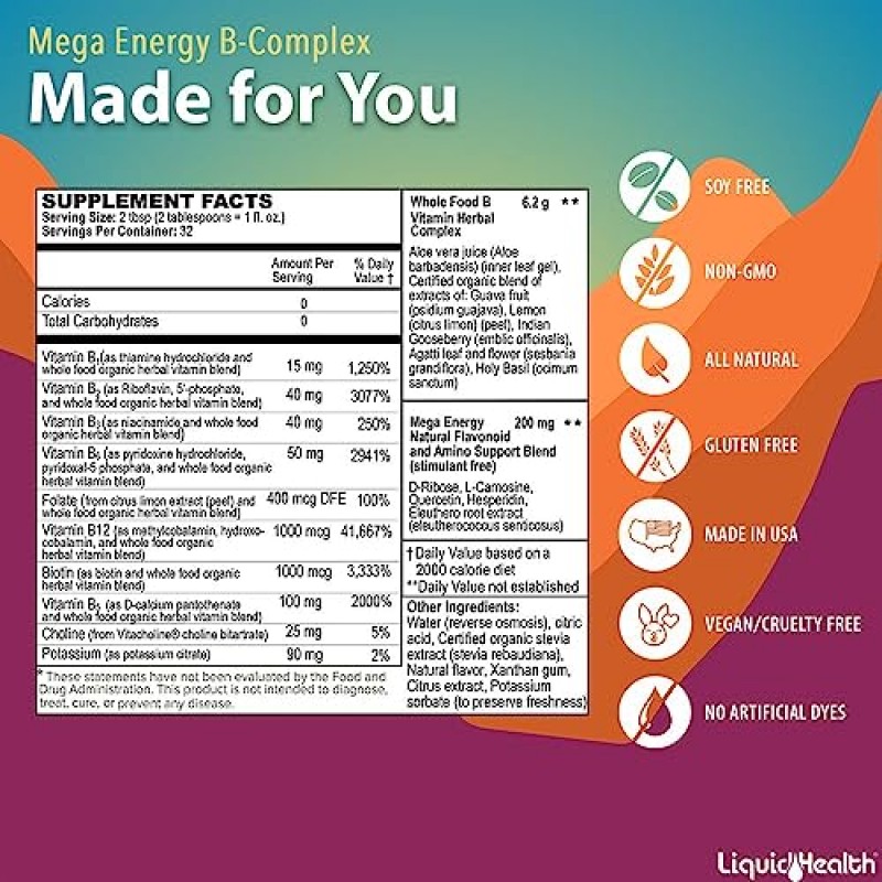 LIQUIDHEALTH 32온스 B 복합 액체 슈퍼 메가 에너지 활성 B 비타민 보충제 B 복합 메칠레이티드 스트레스 완화, 비건, 글루텐, 간장, 무설탕 - 2팩