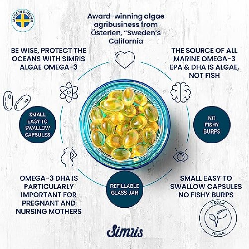 Simris Algae Omega 3. 120 소프트젤 - EPA DHA 식물 기반 비건 오메가3 보충제 - 생선 기름 없음 - 뇌, 관절, 심장 건강용 - DHA 산전 오메가-3 유리병 포함. 개수당 250mg